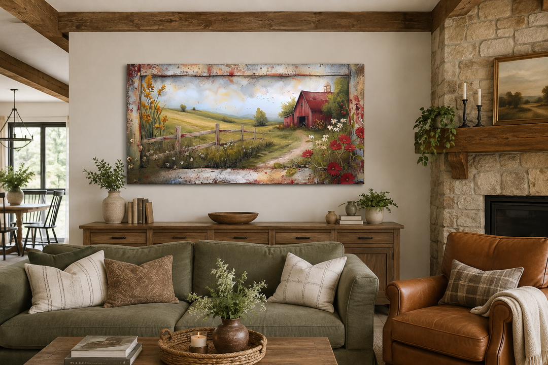 Rustic old red barn canvas wall art in a farmhouse living room above a green sofa.