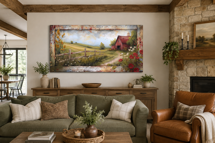Rustic old red barn canvas wall art in a farmhouse living room above a green sofa.