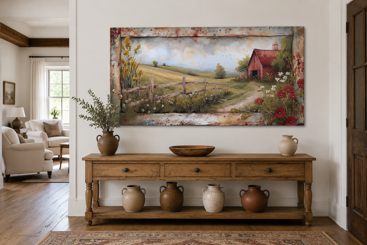 Rustic old red barn in a farm field canvas wall art displayed above a wooden console table.