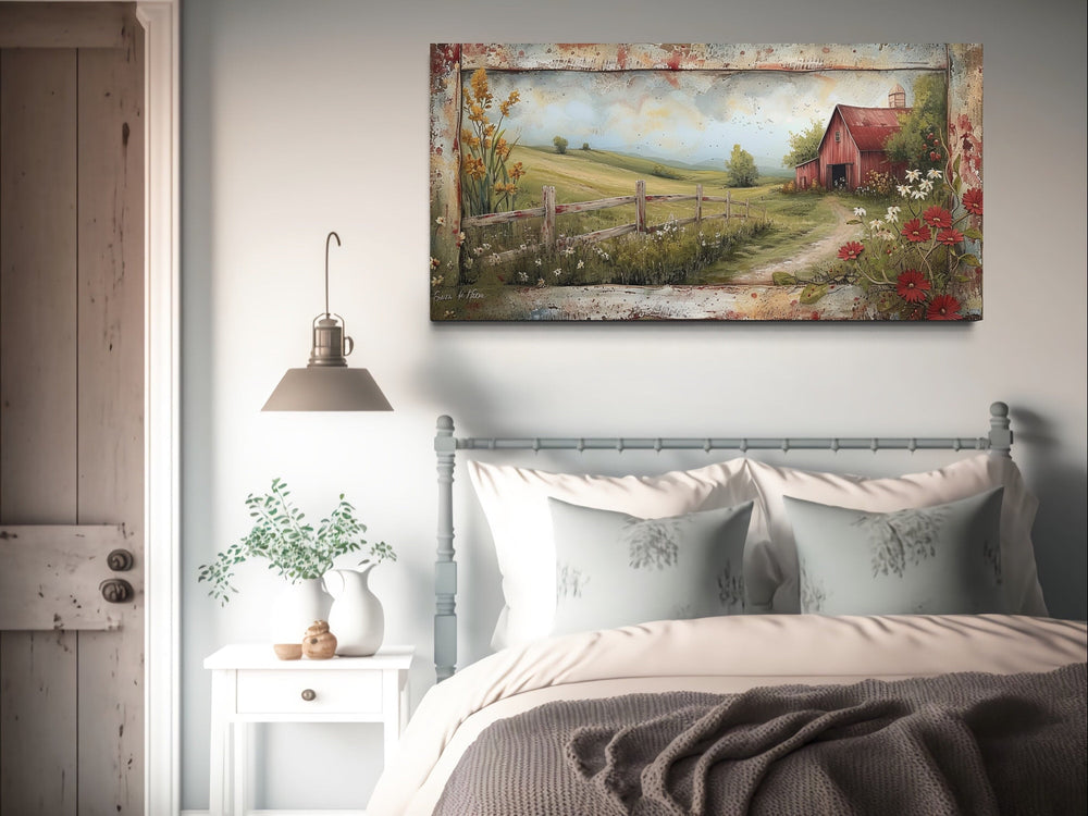 Rustic Old Red Barn In The Farm Field Framed Canvas Wall Art