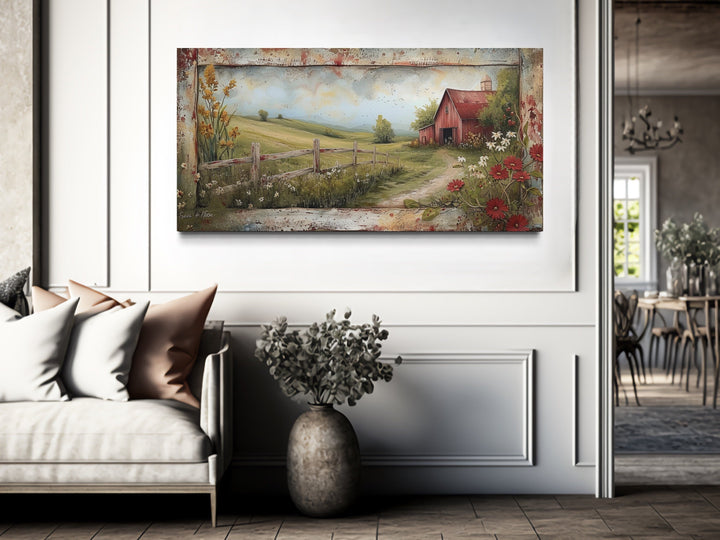 Rustic Old Red Barn In The Farm Field Framed Canvas Wall Art