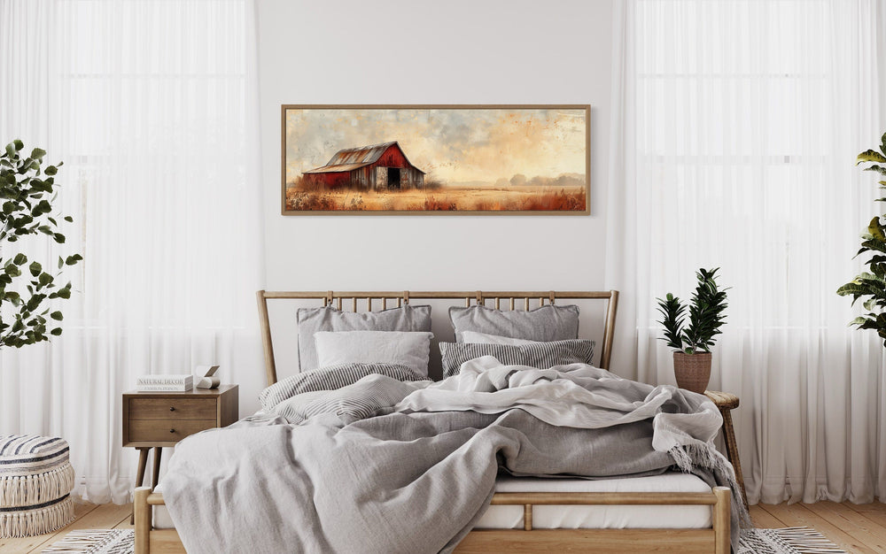 Rustic Old Red Barn Panoramic Farmhouse Wall Art above bed