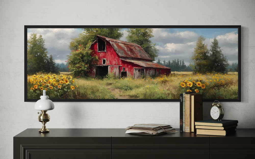 Rustic Old Red Barn With Sunflowers Panoramic Farmhouse Wall Art
