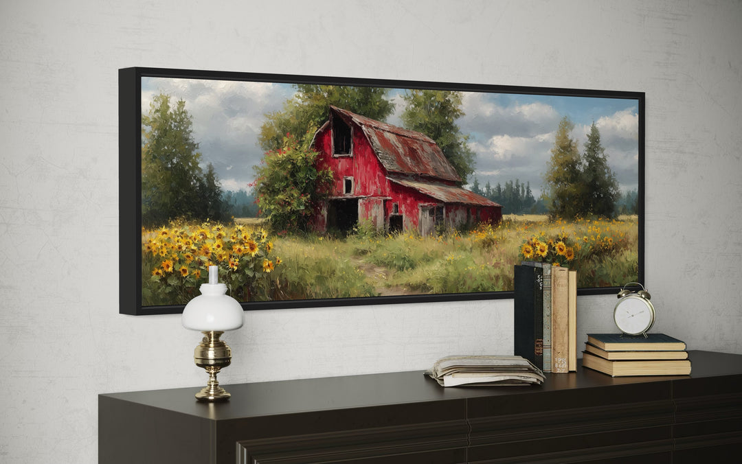 Rustic Old Red Barn With Sunflowers Panoramic Farmhouse Wall Art