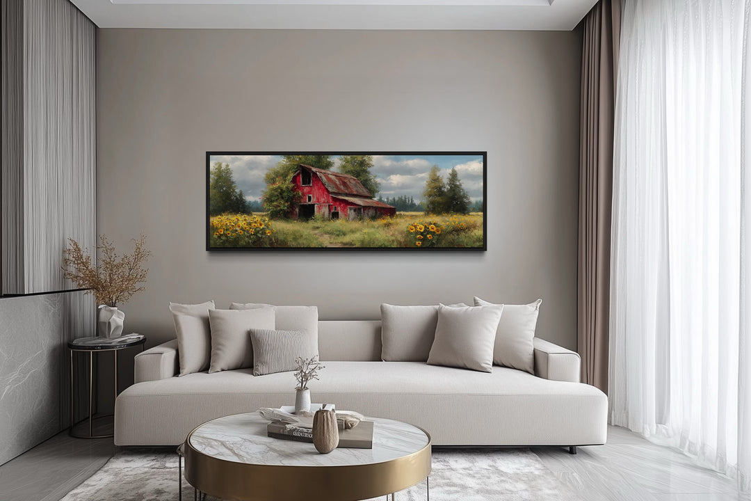 Rustic Old Red Barn With Sunflowers Panoramic Farmhouse Wall Art