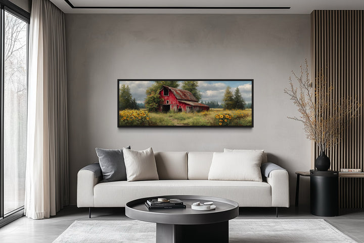 Rustic Old Red Barn With Sunflowers Panoramic Farmhouse Wall Art