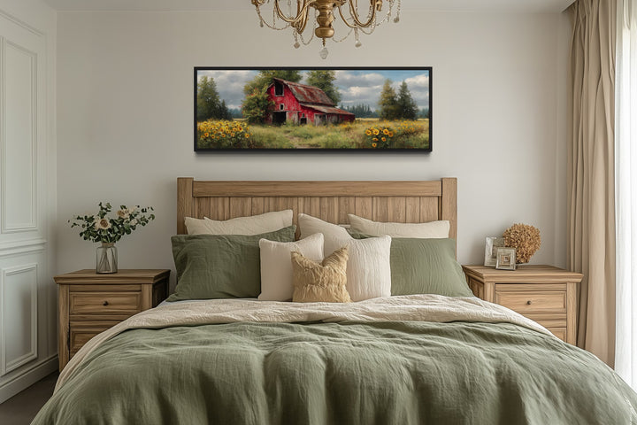 Rustic Old Red Barn With Sunflowers Panoramic Farmhouse Wall Art
