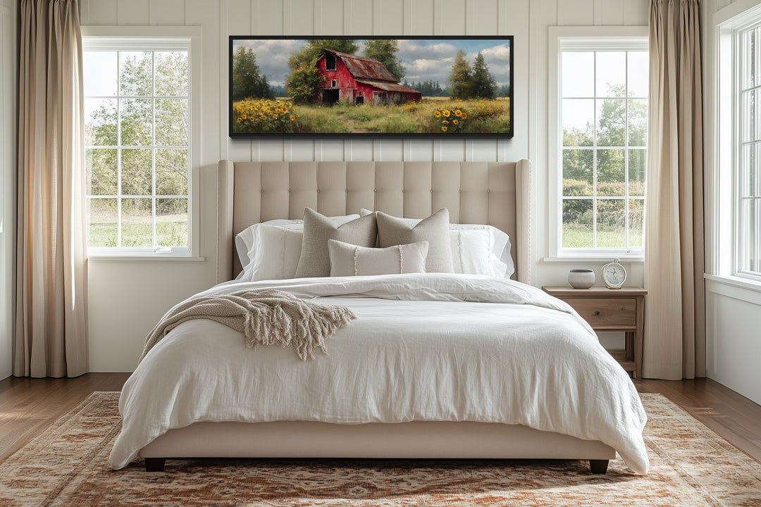 Rustic Old Red Barn With Sunflowers Panoramic Farmhouse Wall Art