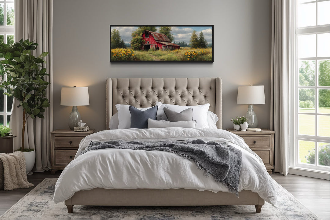 Rustic Old Red Barn With Sunflowers Panoramic Farmhouse Wall Art