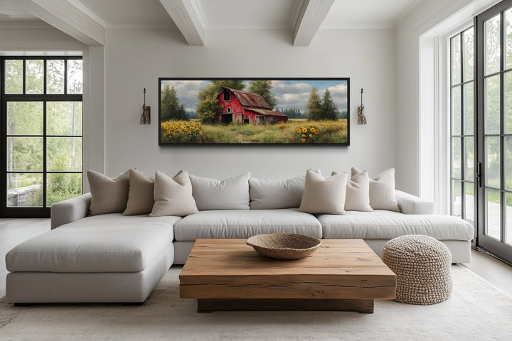 Rustic Old Red Barn With Sunflowers Panoramic Farmhouse Wall Art