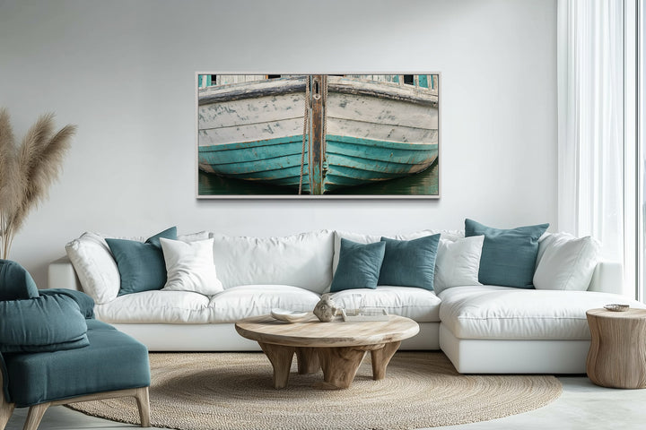 Rustic Old Teal Boat Close Up Framed Canvas Wall Art