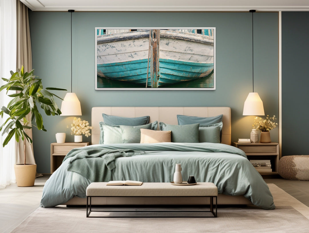 Rustic Old Teal Boat Close Up Framed Canvas Wall Art