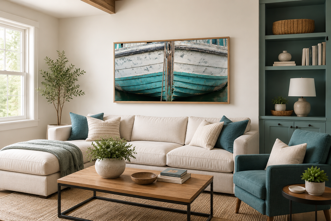 Rustic old teal boat close-up framed canvas wall art hanging above a sofa in a coastal living room.