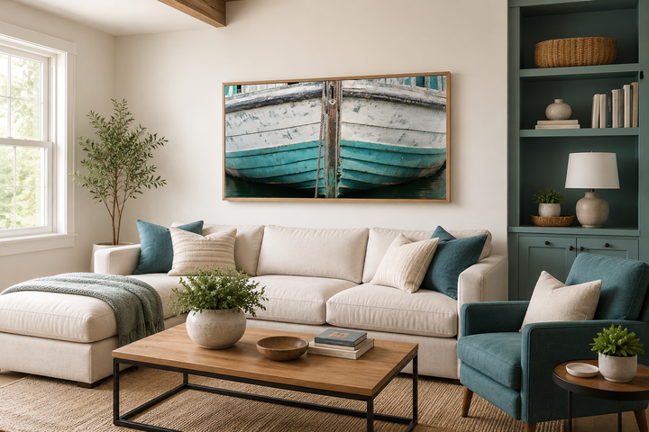 Rustic old teal boat close-up framed canvas wall art hanging above a sofa in a coastal living room.