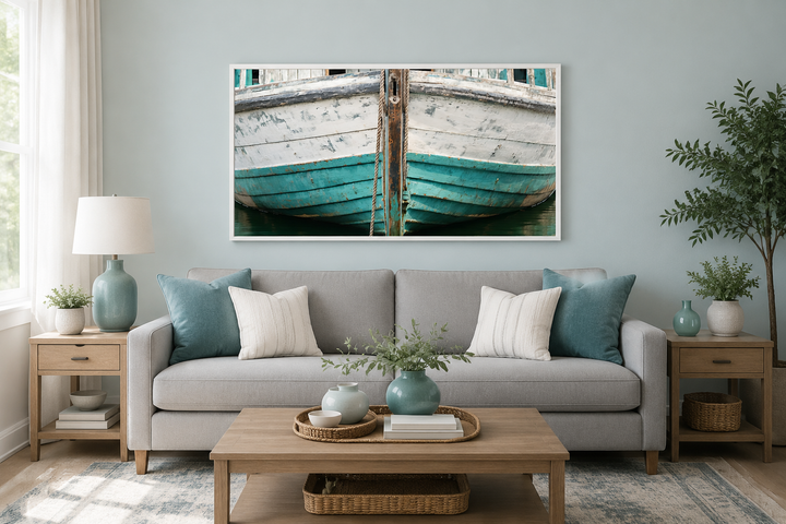 Rustic old teal boat close up framed canvas wall art above a gray sofa in a coastal living room.