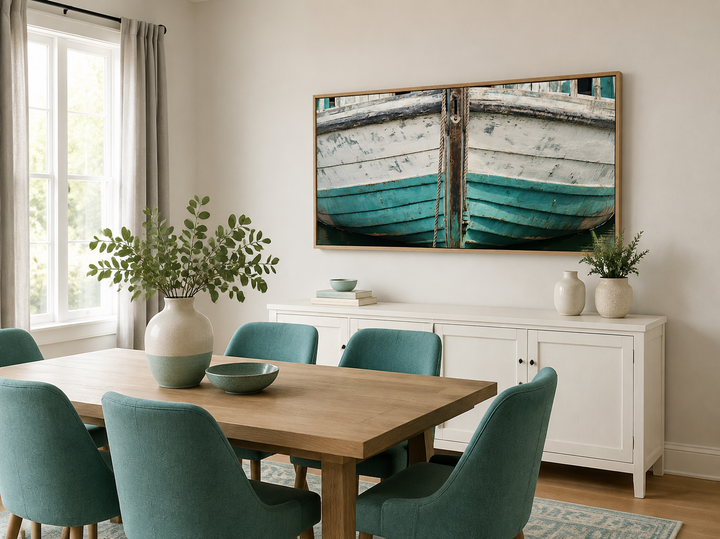 Rustic old teal boat close-up framed canvas wall art hanging above a sideboard in a dining room.