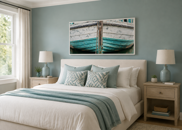Rustic old teal boat close-up framed canvas wall art hanging above a bed in a coastal bedroom.