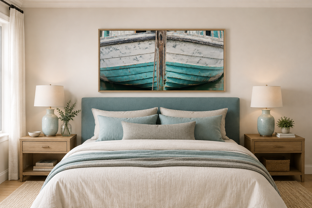Rustic old teal boat close-up framed canvas wall art hanging above a bed in a coastal bedroom.
