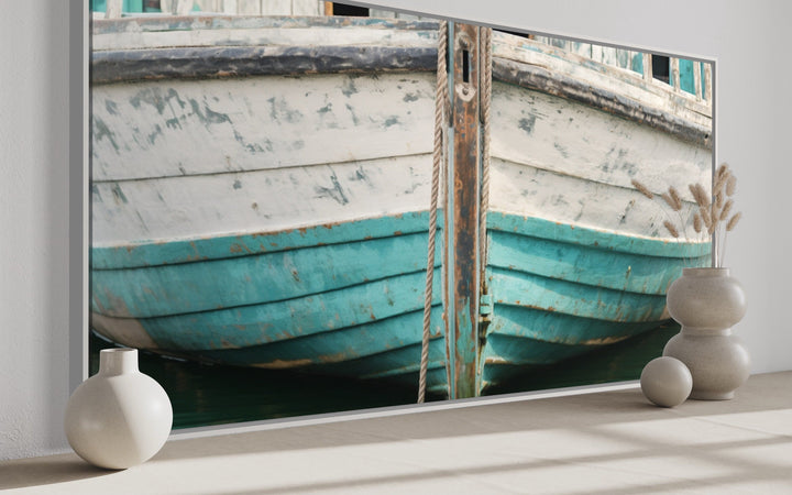 Rustic framed canvas wall art featuring a close-up of a weathered white and teal wooden boat.