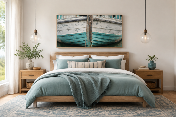 Rustic framed canvas wall art featuring a close-up of a weathered teal and white boat above a bed.