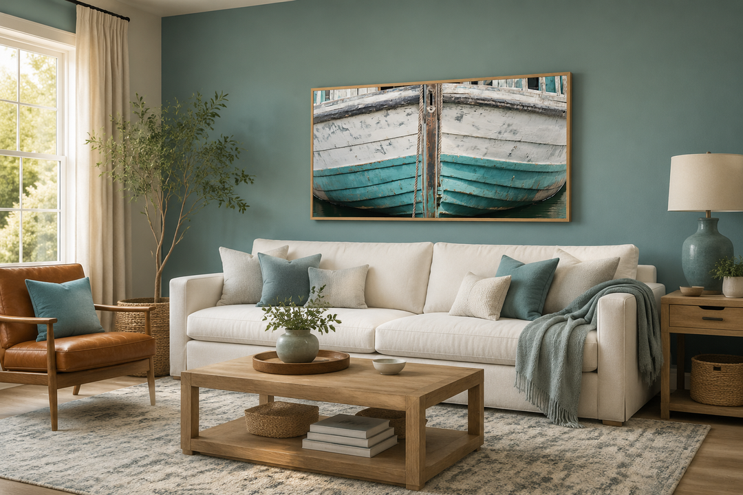 Rustic old teal boat close up framed canvas wall art hanging above a white sofa in a living room.