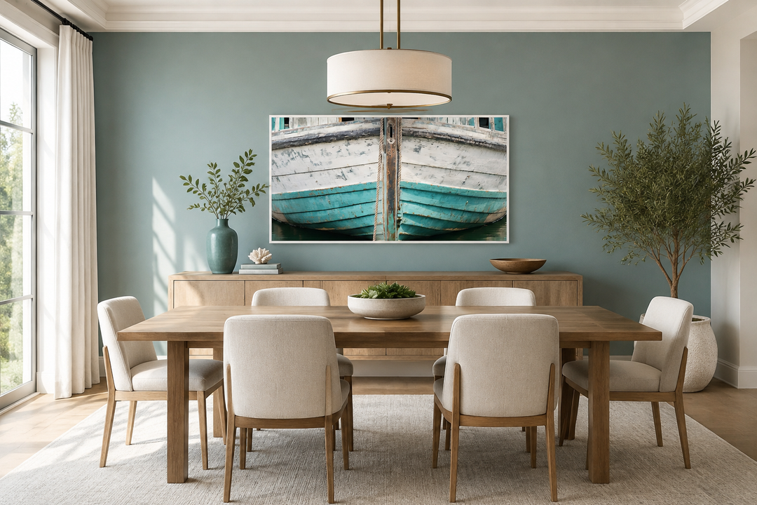 Rustic old teal boat close up framed canvas wall art hanging in a modern coastal dining room.