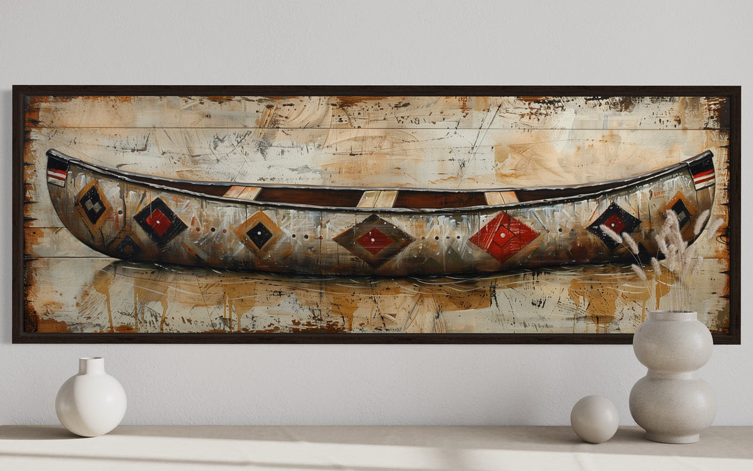 Rustic old wooden canoe painting on wood framed canvas wall art.