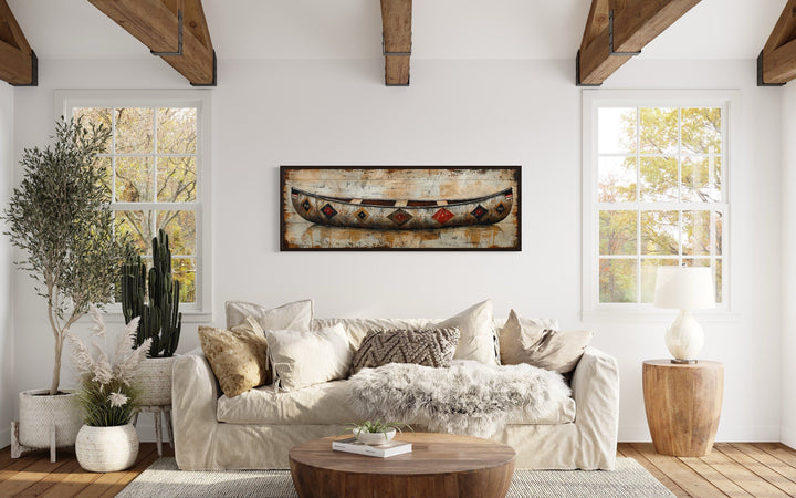 Rustic old wooden canoe painting on wood framed canvas wall art.