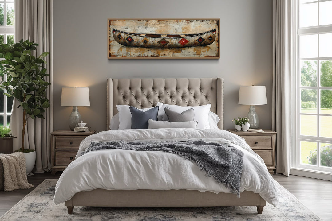 Rustic old wooden canoe painting on wood framed canvas wall art.