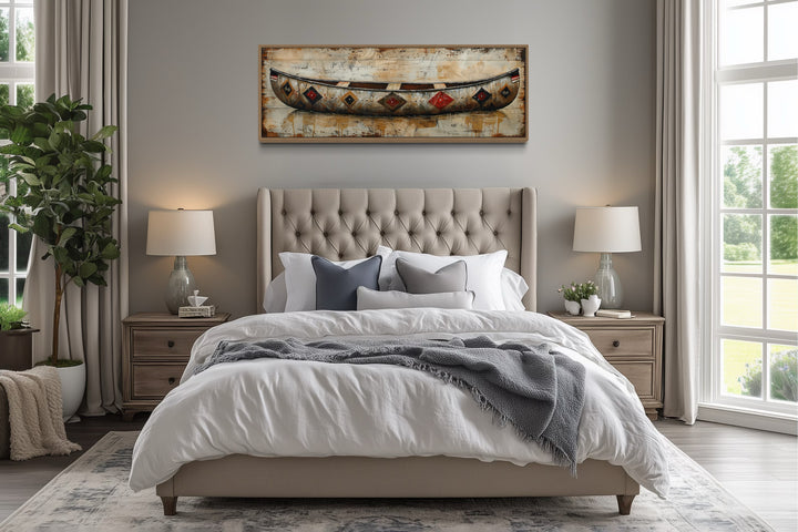 Rustic old wooden canoe painting on wood framed canvas wall art.