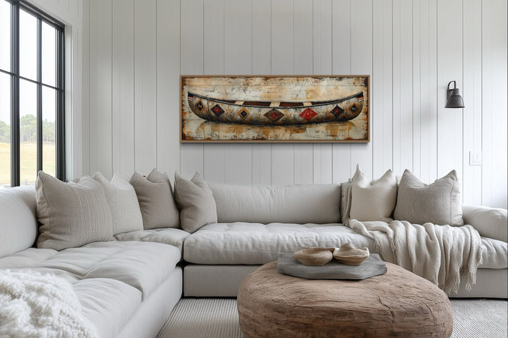 Rustic old wooden canoe painting on wood framed canvas wall art.
