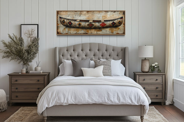 Rustic old wooden canoe painting on wood framed canvas wall art.