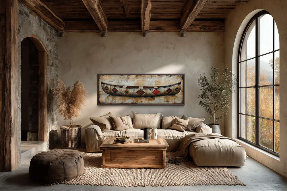 A rustic painting of a wooden canoe on framed canvas hangs above a sofa in a cozy, earthy living room.