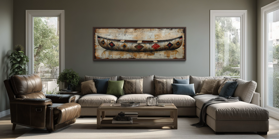 Rustic old wooden canoe painting on wood framed canvas wall art in a modern living room.
