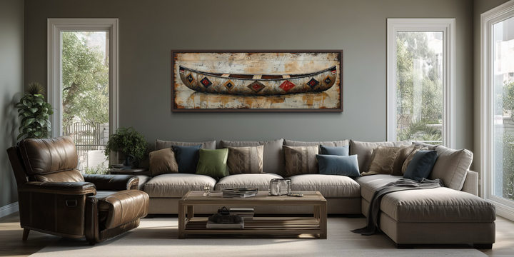 Rustic old wooden canoe painting on wood framed canvas wall art in a modern living room.