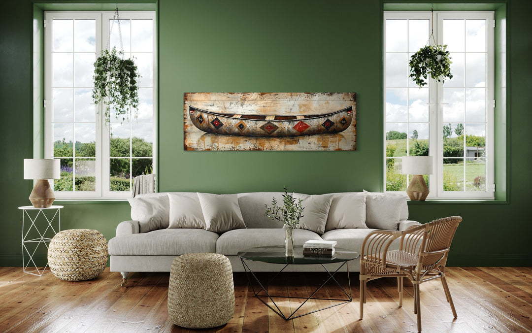 Rustic Old Wooden Canoe Painting On Wood Framed Canvas Wall Art