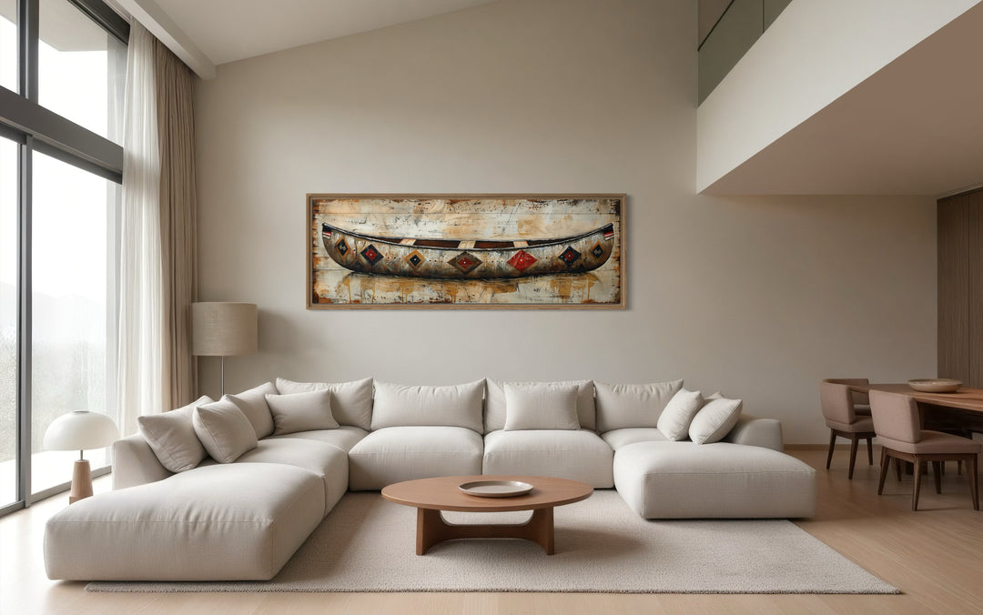 Rustic old wooden canoe painting on wood framed canvas wall art.