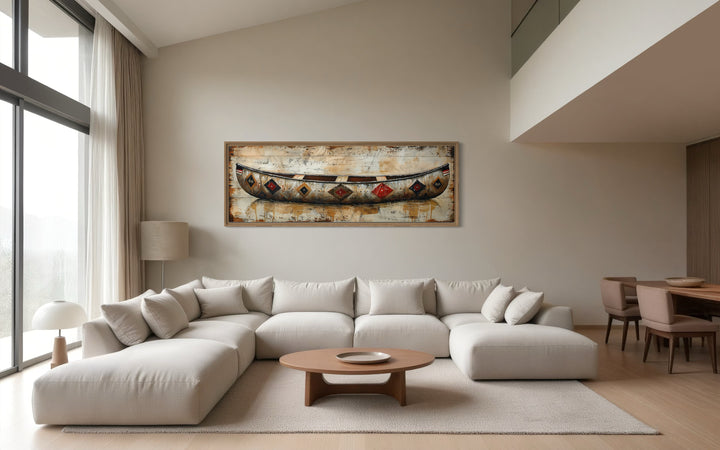 Rustic old wooden canoe painting on wood framed canvas wall art.