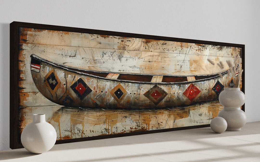 Rustic old wooden canoe painting on wood framed canvas wall art.
