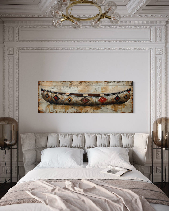 Rustic old wooden canoe painting on wood framed canvas wall art.