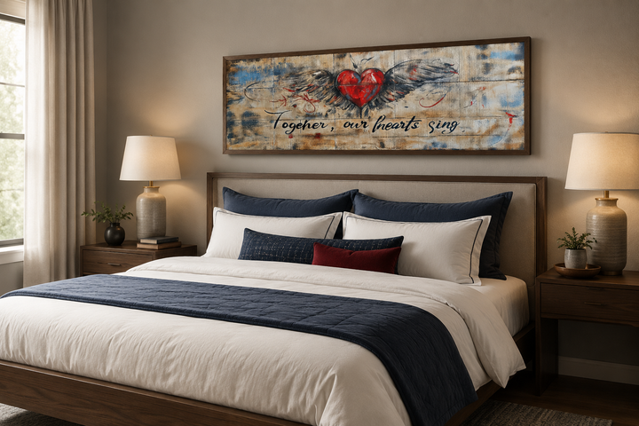 Rustic framed wall art with a winged heart and the text Together Our Hearts Sing above a bed.