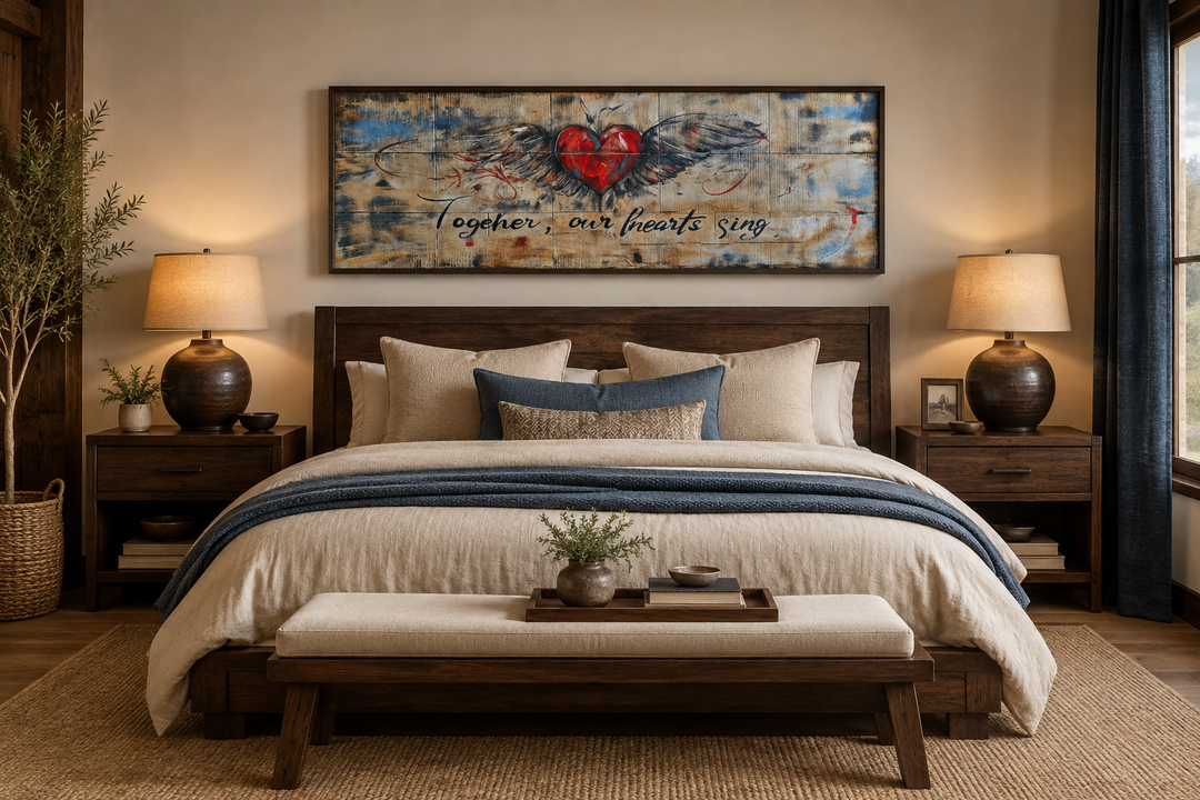 Rustic horizontal wall art above a bed featuring a winged red heart and romantic script.