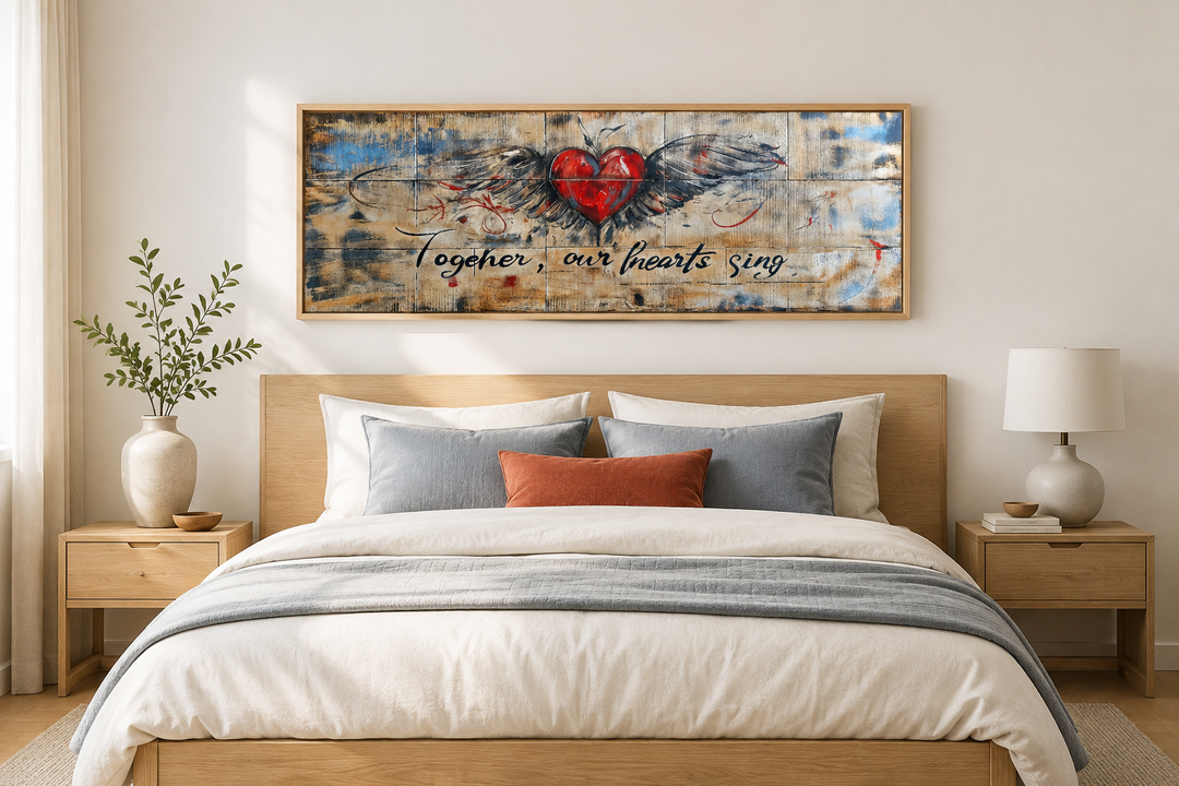 Rustic over-bed wall art featuring a winged red heart and the text Together Our Hearts Sing.