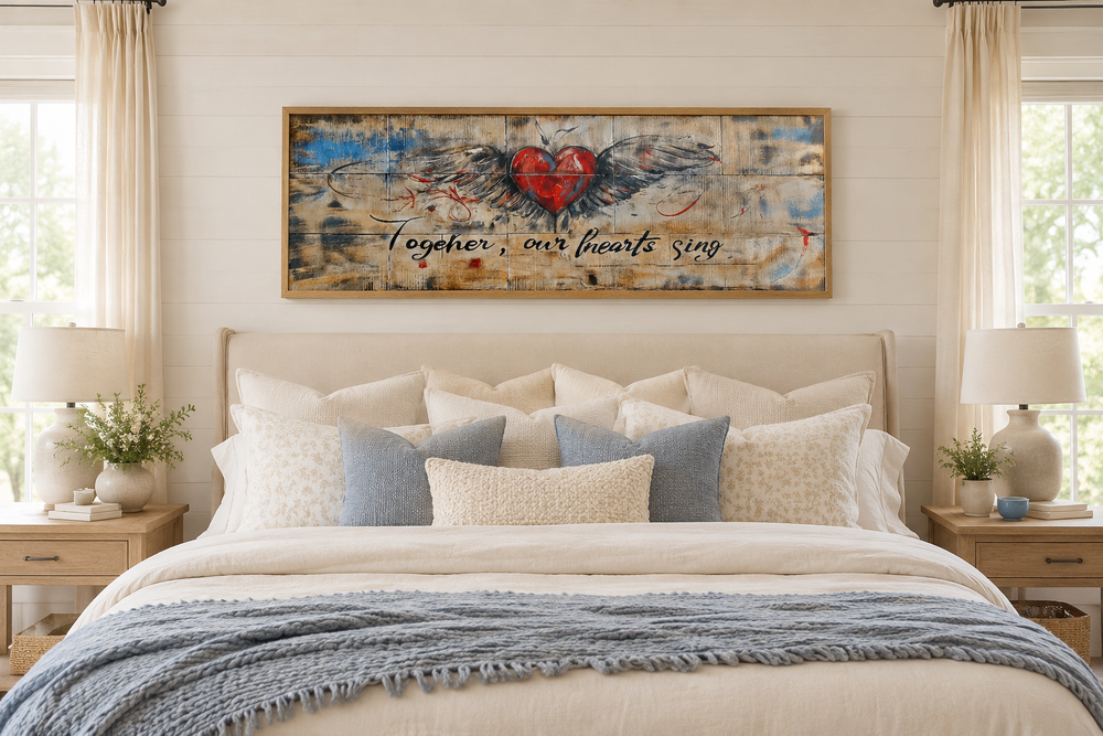 Rustic framed wall art above a bed featuring a winged red heart and Together Our Hearts Sing text.