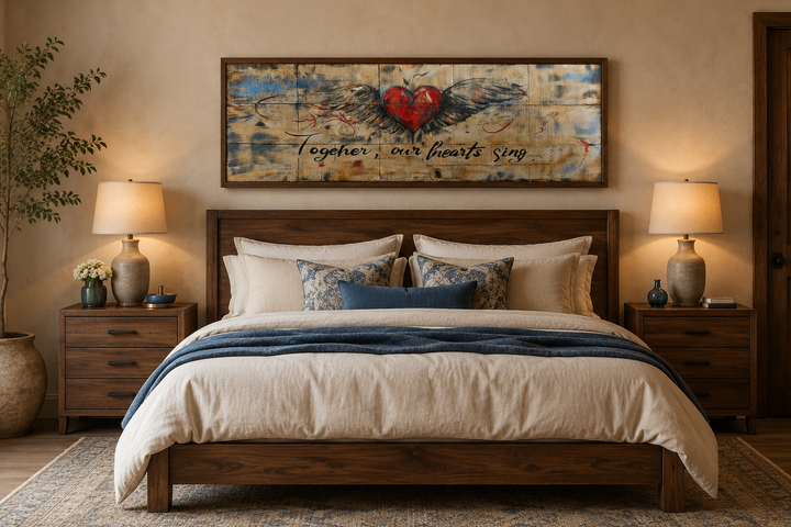 Rustic over bed wall art with a winged heart and the phrase Together Our Hearts Sing.