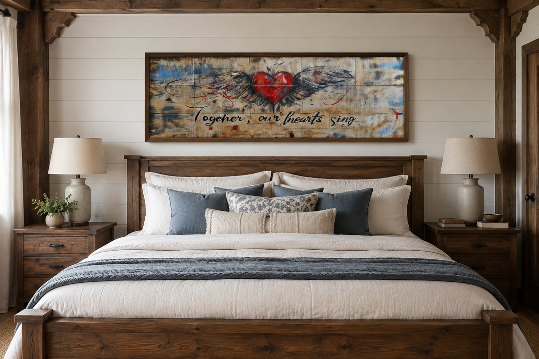Rustic framed wall art above a bed featuring a winged red heart and Together Our Hearts Sing text.