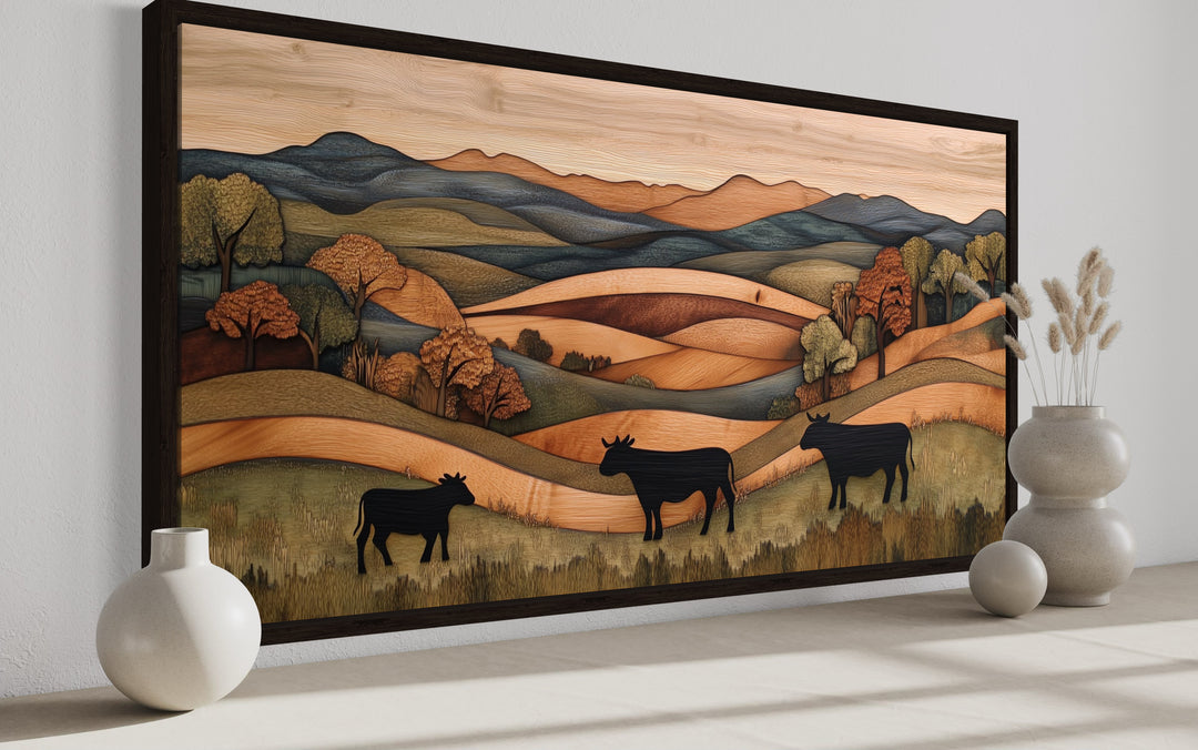 Farmhouse Wall Decor - Rustic Pastoral Landscape Farm With Cows Wood Canvas Wall Art