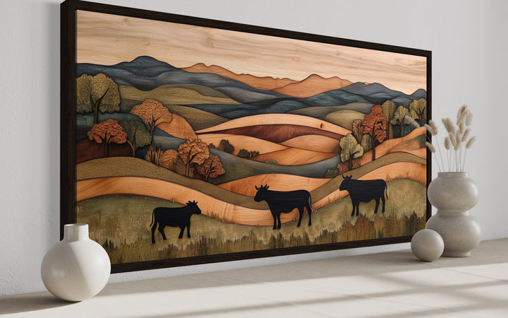 Farmhouse Wall Decor - Rustic Pastoral Landscape Farm With Cows Wood Canvas Wall Art