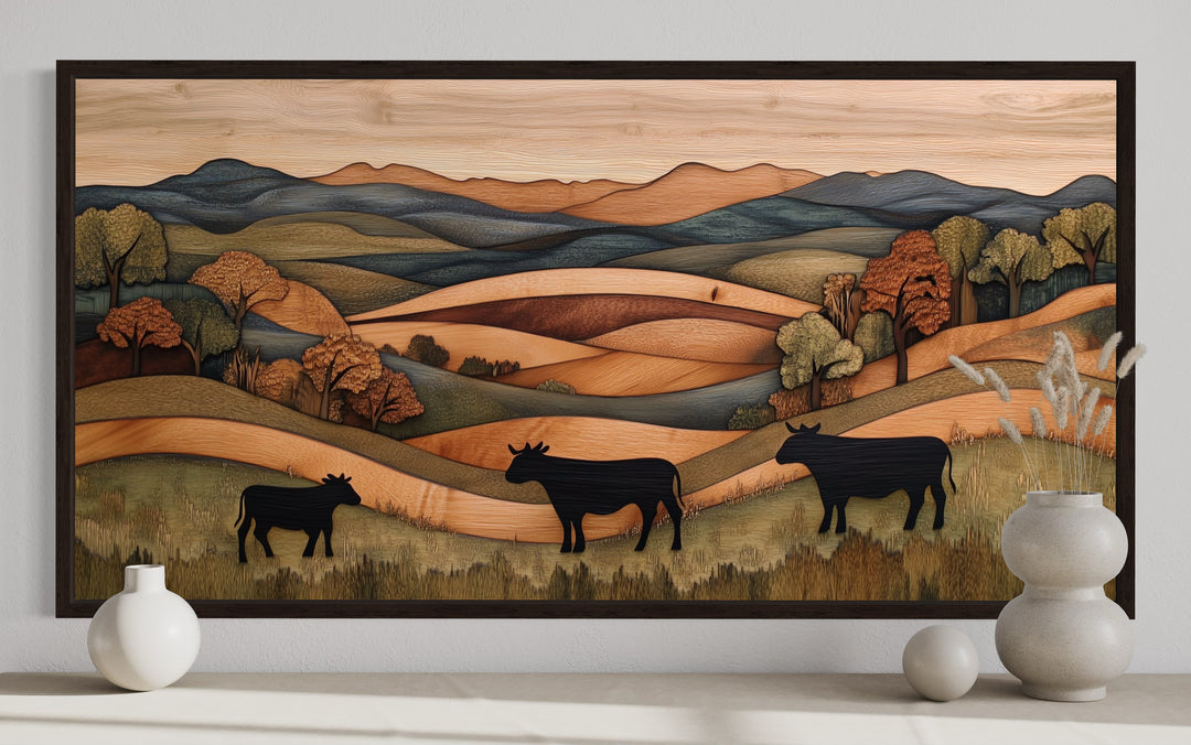 Farmhouse Wall Decor - Rustic Pastoral Landscape Farm With Cows Wood Canvas Wall Art