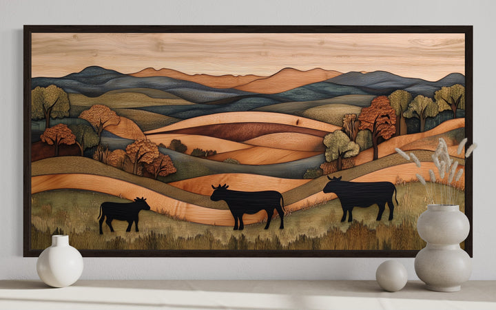 Farmhouse Wall Decor - Rustic Pastoral Landscape Farm With Cows Wood Canvas Wall Art